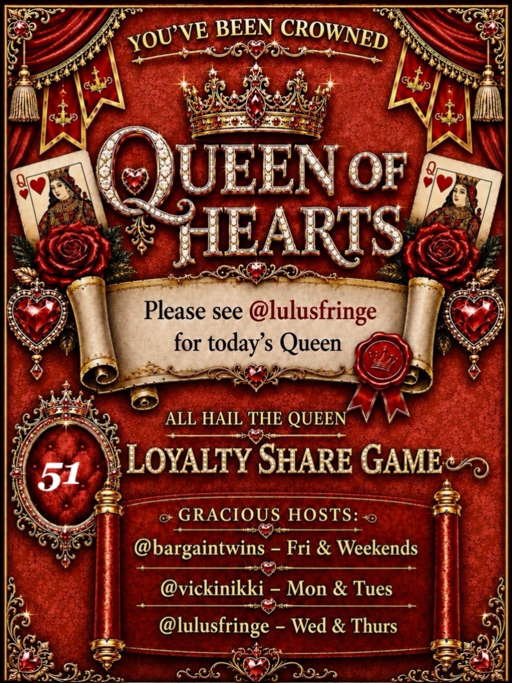 LULUSFRINGE IS HOSTING
TODAY’S QUEEN
PLEASE GO THERE TO SHARE!
STAY LOYAL!